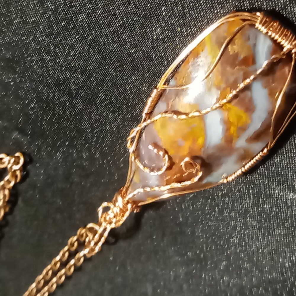 Chatoyant golden pietersite stone genuine copper wrap pendant necklace 26 in. - Picture 4 of 5